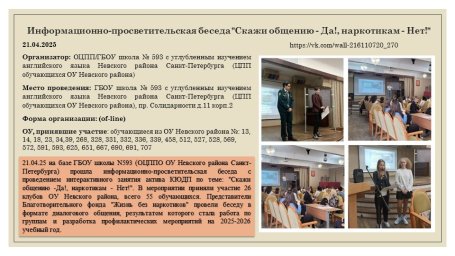 21.04.25 г. Информационно-просветительская беседа "Скажи общению - Да!, наркотикам - Нет!"